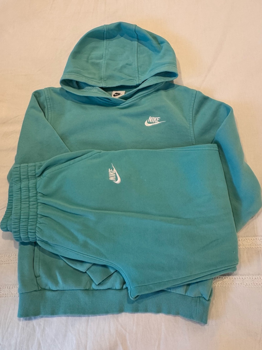 Nike Turquoise Pullover Hoodie and joggers with White Swoosh